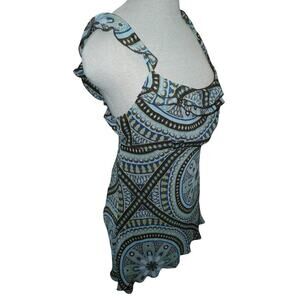 Byline Vintage Y2K Ruffle – Size L – Blue Psychedelic Boho Print – Made in USA